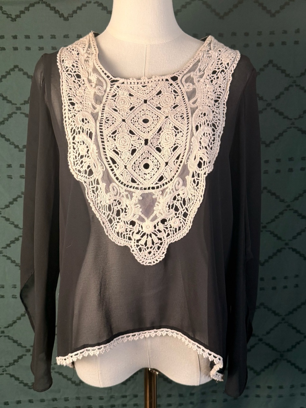 Umgee Black Sheer Blouse with Cream Crochet Bib
